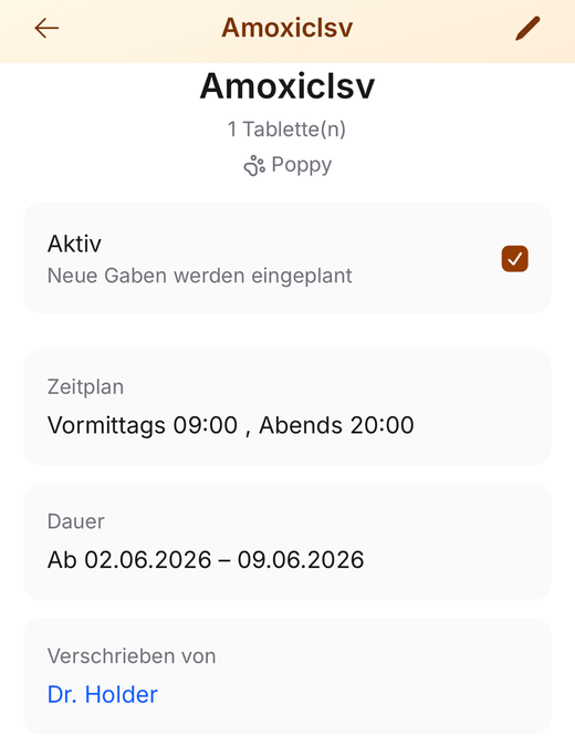 PetMediq App – Medikamenten-Detail mit Zeitplan, Dauer und verschreibendem Tierarzt