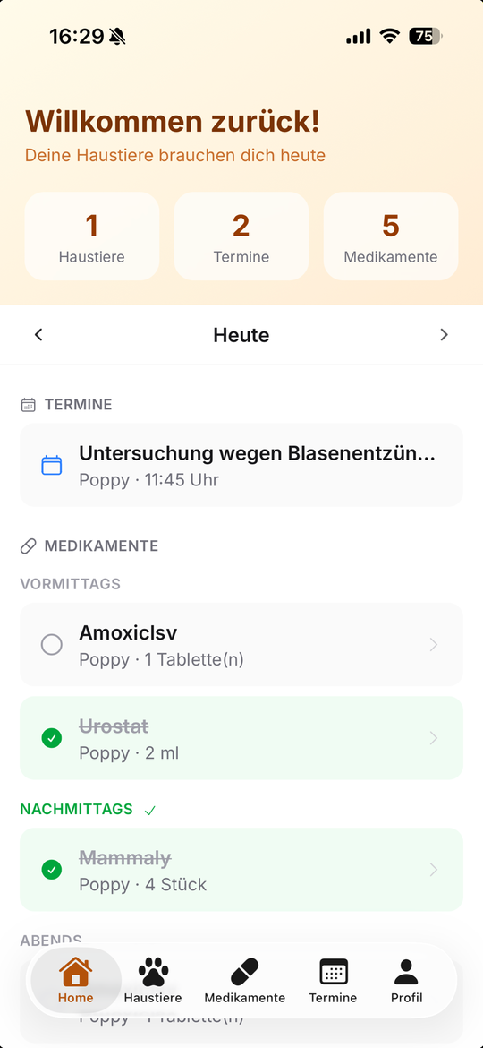 PetMediq App – Tagesübersicht mit Terminen und Medikamenten