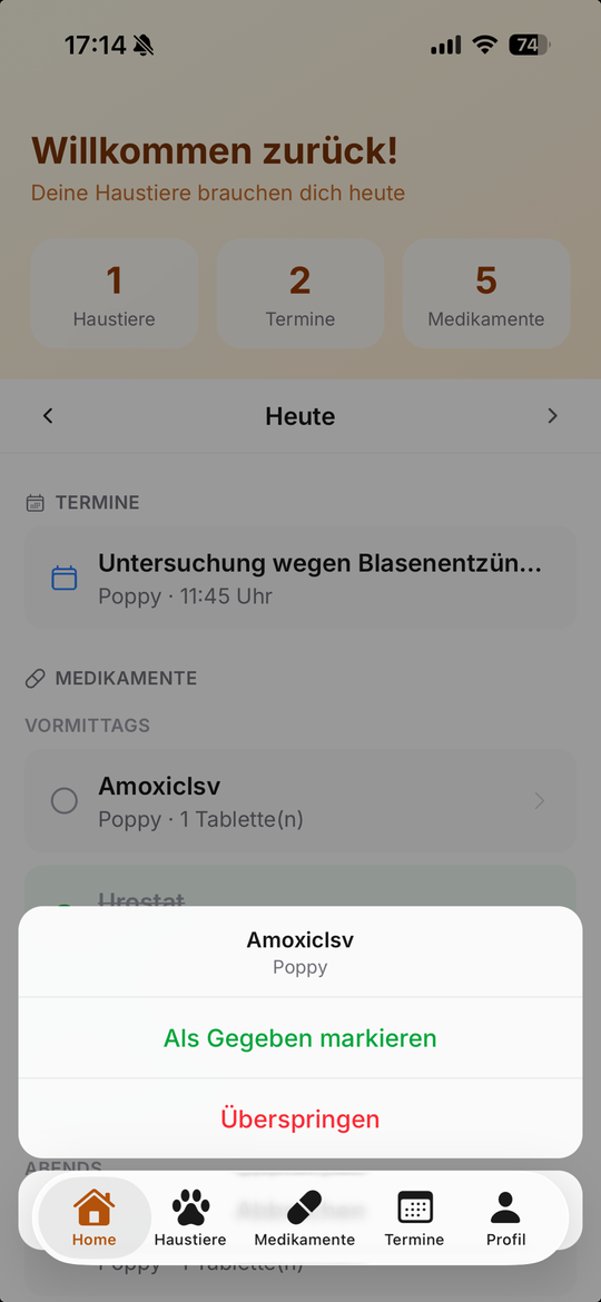 PetMediq App – Medikament mit einem Tipp als gegeben markieren